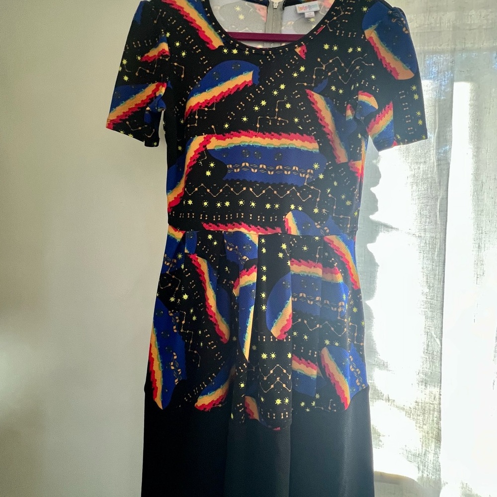 LuLaRoe Black Dress with Vibrant Rainbow Pattern